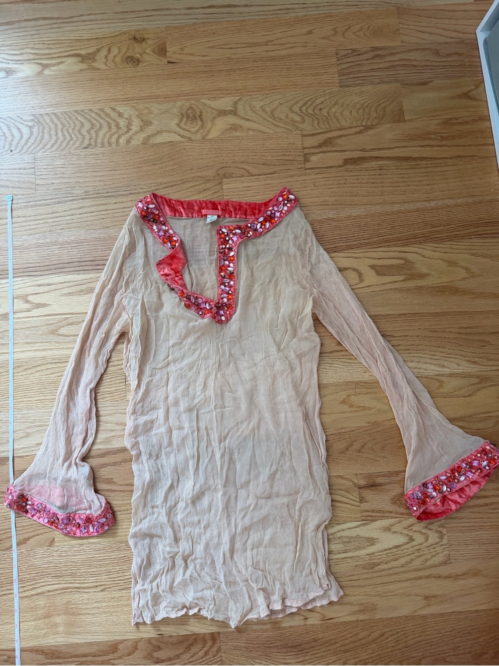 Beaded Trim Sheer Pink Women’s beach cover up